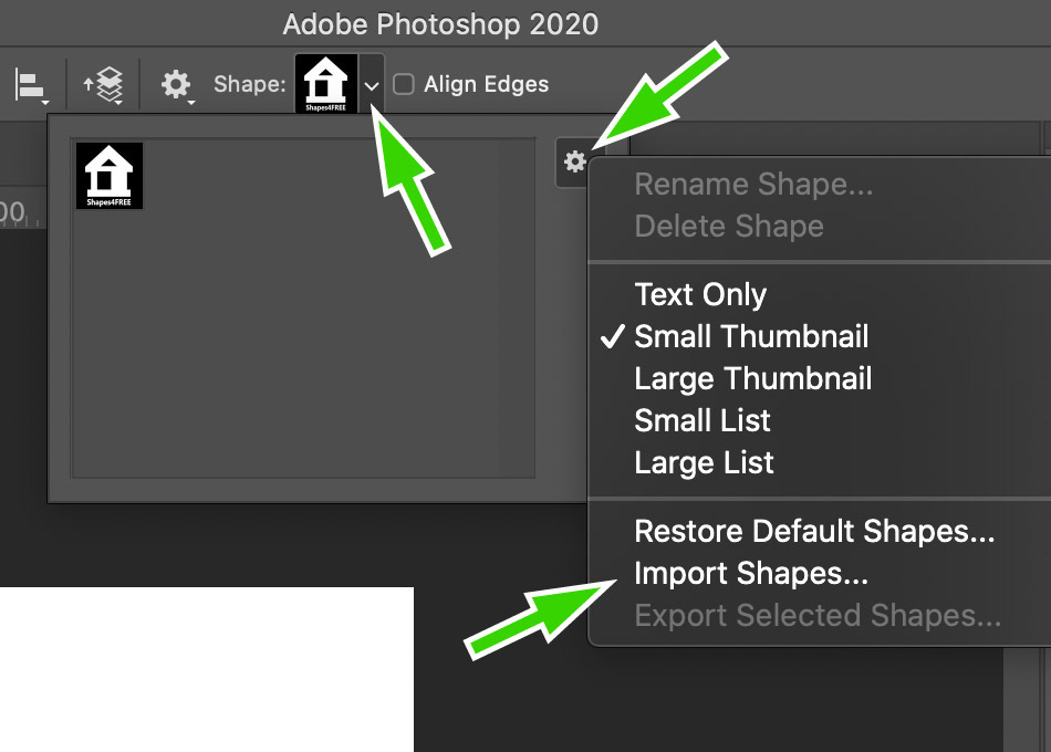 Import Shapes by Pressing the Triangle in the Options Bar