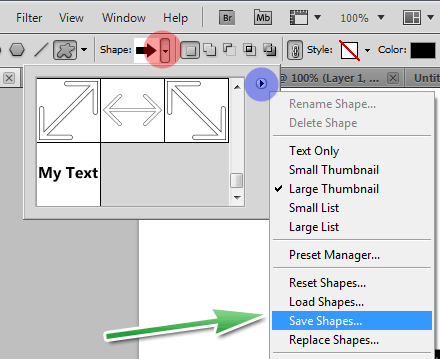 Save the new shape as part of a shapes set by choosing Save Shapes option from the shapes pop up drop down