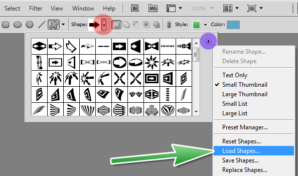 Load Shapes by Pressing the Triangle in the Options Bar