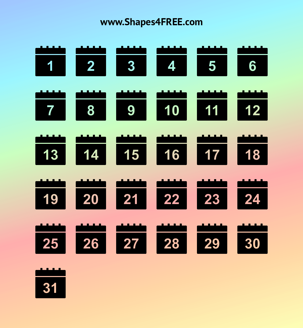 Black Calendar Icons: Days 1 - 31